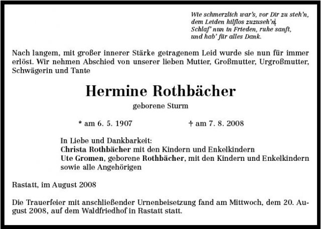 Sturm Hermine 1907-2008 Todesanzeige